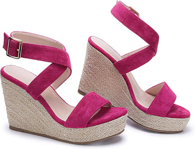 Jessica Pink Criss Cross Open Toe Ankle Strap Espadrille Wedge Sandals-Plus Size Dream Girl