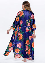 Load image into Gallery viewer, Floral Navy Blue Satin Kimono Plus Size Robe-Plus Size Dream Girl
