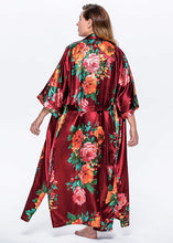 Load image into Gallery viewer, Floral Wine Red Satin Kimono Plus Size Robe-Plus Size Dream Girl
