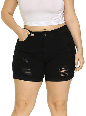 Women's High Waisted Folded Hem Plus Size Black Ripped Denim Shorts-Plus Size Dream Girl