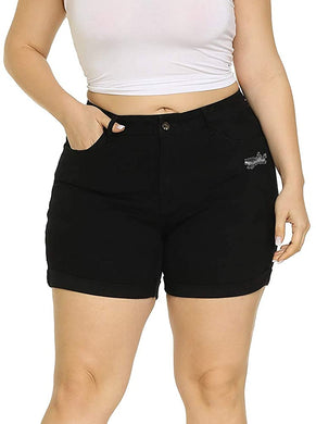 Women's High Waisted Folded Hem Plus Size Black Denim Shorts-Plus Size Dream Girl