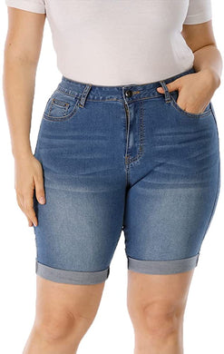 Women's High Waisted Folded Hem Plus Size Steel Blue Mid Length Denim Shorts-Plus Size Dream Girl