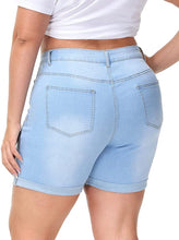 Load image into Gallery viewer, Women&#39;s High Waisted Folded Hem Plus Size Light Blue Ripped Denim Shorts-Plus Size Dream Girl
