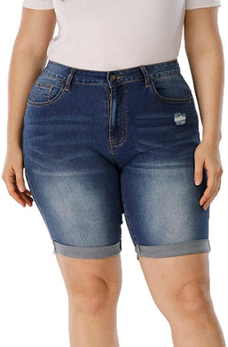 Women's High Waisted Folded Hem Plus Size Oxford Blue Mid Length Denim Shorts-Plus Size Dream Girl