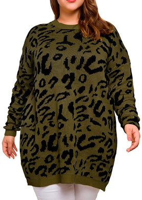 Plus Size Army Green Pullover Long Sleeve Leopard Printed Sweater Tops-Plus Size Dream Girl