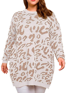 Plus Size White Pullover Long Sleeve Leopard Printed Sweater Tops-Plus Size Dream Girl