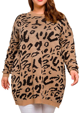 Plus Size Khaki Pullover Long Sleeve Leopard Printed Sweater Tops-Plus Size Dream Girl