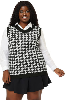 Plus Size Black/White Houndstooth Sleeveless Knit Pullover Sweater-Plus Size Dream Girl