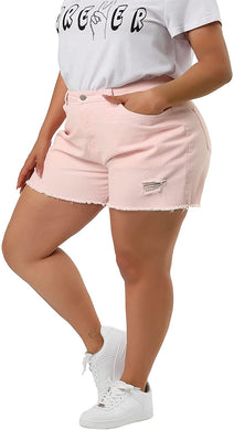 Plus Size Pink Raw Hem Stretched Denim Shorts-Plus Size Dream Girl