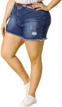 Load image into Gallery viewer, Plus Size Blue Raw Hem Stretched Denim Shorts-Plus Size Dream Girl
