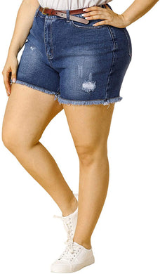 Plus Size Blue Raw Hem Stretched Denim Shorts-Plus Size Dream Girl