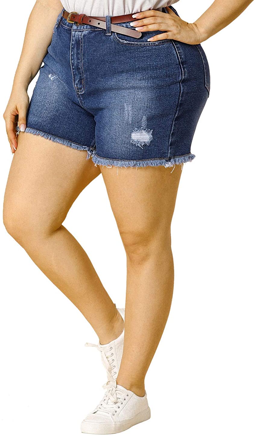 Plus Size Blue Raw Hem Stretched Denim Shorts-Plus Size Dream Girl