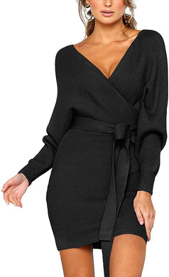 Stretchy Black Sweater Batwing Long Sleeve Bodycon Dress with Belt-Plus Size Dream Girl