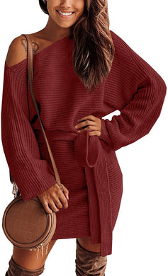 Plus Size Maroon One Shoulder Batwing Sleeve Sweater Dress-Plus Size Dream Girl
