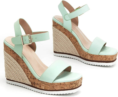 Braided Wood Mint Green Open Toe Ankle Strap Espadrille Wedge Sandals-Plus Size Dream Girl