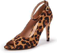 Load image into Gallery viewer, Leopard Ankle Strap Open Toe Stilettos High Heels-Plus Size Dream Girl
