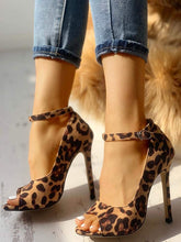 Load image into Gallery viewer, Leopard Ankle Strap Open Toe Stilettos High Heels-Plus Size Dream Girl
