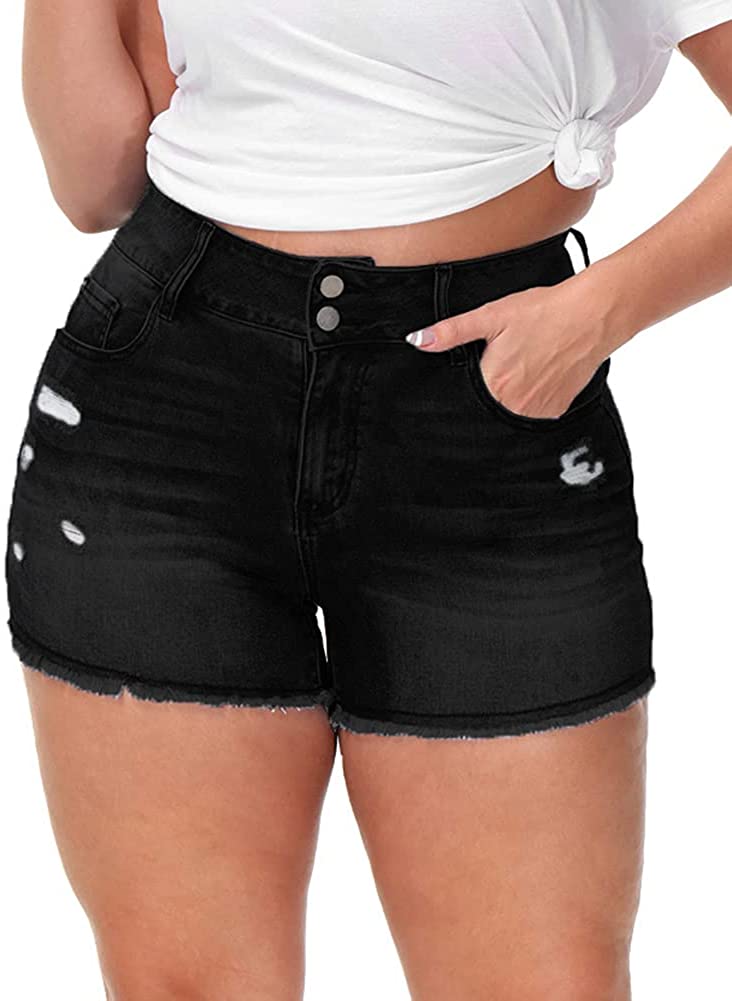 Plus Size Casual High Waisted Distressed Black Short Jeans-Plus Size Dream Girl