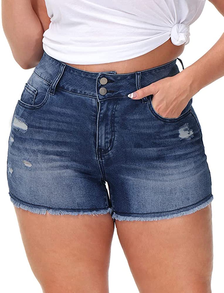 Plus Size Casual High Waisted Distressed Dark Blue Short Jeans-Plus Size Dream Girl