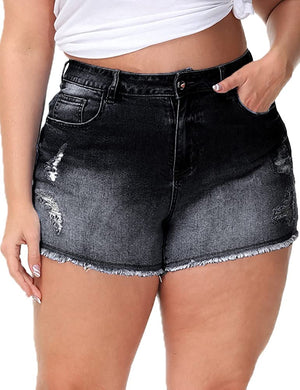 Plus Size Casual High Waisted Distressed Black/Grey Short Jeans-Plus Size Dream Girl