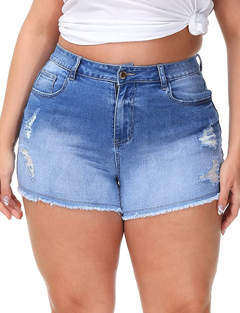 Plus Size Casual High Waisted Distressed Blue Short Jeans-Plus Size Dream Girl