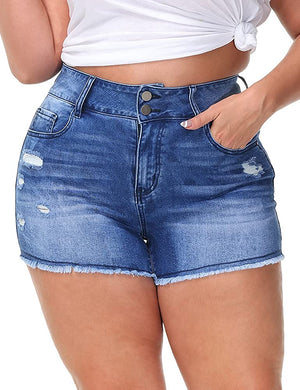 Plus Size Casual High Waisted Distressed Royal Blue Short Jeans-Plus Size Dream Girl