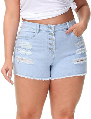 Plus Size Casual High Waisted Distressed Light Blue Short Jeans-Plus Size Dream Girl
