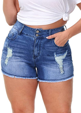 Plus Size Casual High Waisted Distressed Royal Blue Ripped Short Jeans-Plus Size Dream Girl