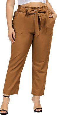 Bow Tied Ginger Brown Plus Size Belted Pants with Pocket-Plus Size Dream Girl