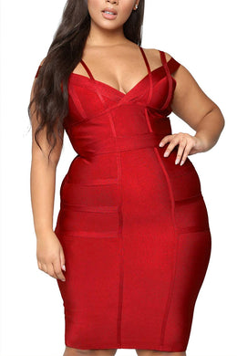Plus Size Red V Neck Back Zipper Midi Bandage Dress-Plus Size Dream Girl
