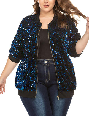 Plus Size Blue Pocketed Sequin Jacket-Plus Size Dream Girl