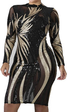 Load image into Gallery viewer, Black Plus Size Long Sleeve Sequin Gold Mesh Mini Dress-Plus Size Dream Girl
