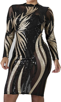 Black Plus Size Long Sleeve Sequin Gold Mesh Mini Dress-Plus Size Dream Girl