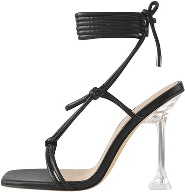 Black Square Open Toe High Heel Lace Up Sandals-Plus Size Dream Girl