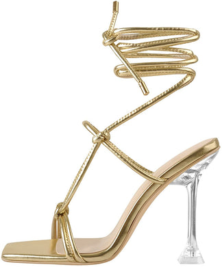 Gold Square Open Toe High Heel Lace Up Sandals-Plus Size Dream Girl