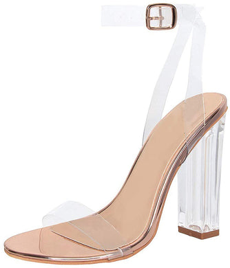 Clear PVC Rose Gold Chunky Heel Ankle Strap Sandals-Plus Size Dream Girl