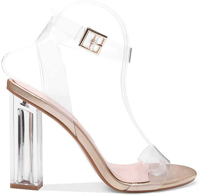 Clear PVC Gold Chunky Heel Ankle Strap Sandals-Plus Size Dream Girl