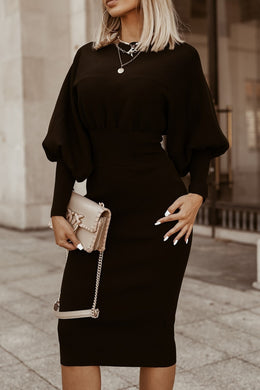 Plus Size Black Knit Puff Sleeve Midi Dress-Plus Size Dream Girl