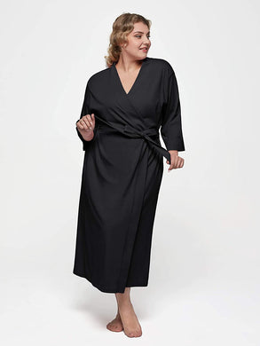 Black Kimono Plus Size Women's Long Wrap Tied Robe-Plus Size Dream Girl