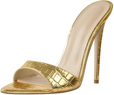 Gold Pointed Toe High Heel Mule Sandals-Plus Size Dream Girl