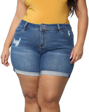 Plus Size Women's High Waisted Stretchy Folded Hem Ripped Blue Short Jeans-Plus Size Dream Girl