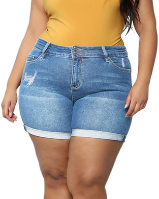 Plus Size Women's High Waisted Stretchy Folded Hem Ripped Light Blue Short Jeans-Plus Size Dream Girl