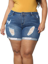 Load image into Gallery viewer, Plus Size Women&#39;s High Waisted Stretchy Folded Hem Ripped Royal Blue Short Jeans-Plus Size Dream Girl
