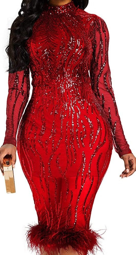 Plus Size Red Sequined Long Sleeve Feather Chic Midi Dress-Plus Size Dream Girl