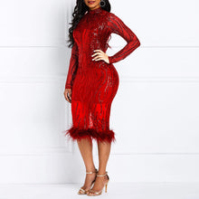 Load image into Gallery viewer, Plus Size Red Sequined Long Sleeve Feather Chic Midi Dress-Plus Size Dream Girl
