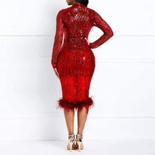 Load image into Gallery viewer, Plus Size Red Sequined Long Sleeve Feather Chic Midi Dress-Plus Size Dream Girl
