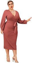 Load image into Gallery viewer, Plus Size Hot Pink Bishop Sleeve Deep V-Neck Belted Dress-Plus Size Dream Girl
