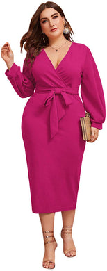 Plus Size Hot Pink Bishop Sleeve Deep V-Neck Belted Dress-Plus Size Dream Girl
