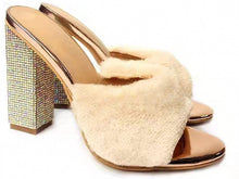 Load image into Gallery viewer, Sparkle Rose Gold Rhinestones Faux Fur Chunky Heel Sandals-Plus Size Dream Girl
