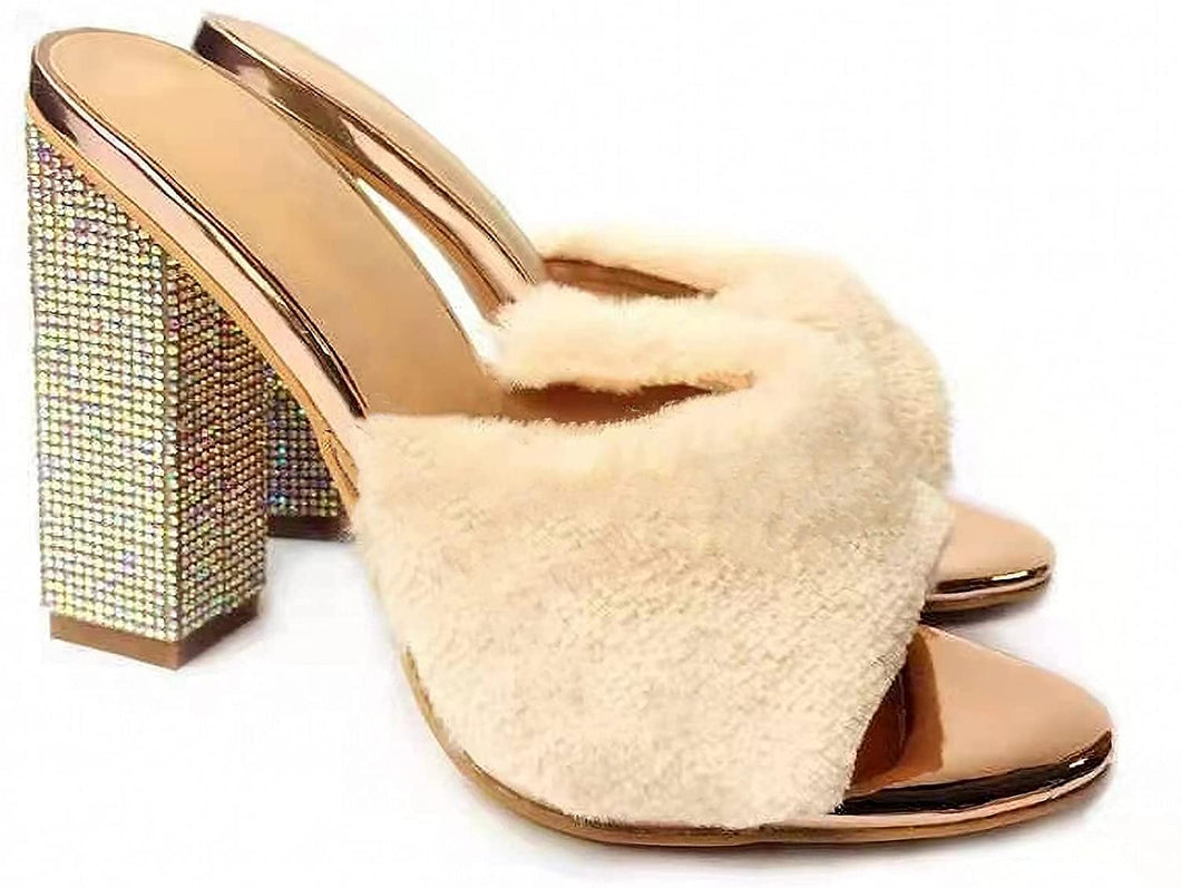 Sparkle Rose Gold Rhinestones Faux Fur Chunky Heel Sandals-Plus Size Dream Girl